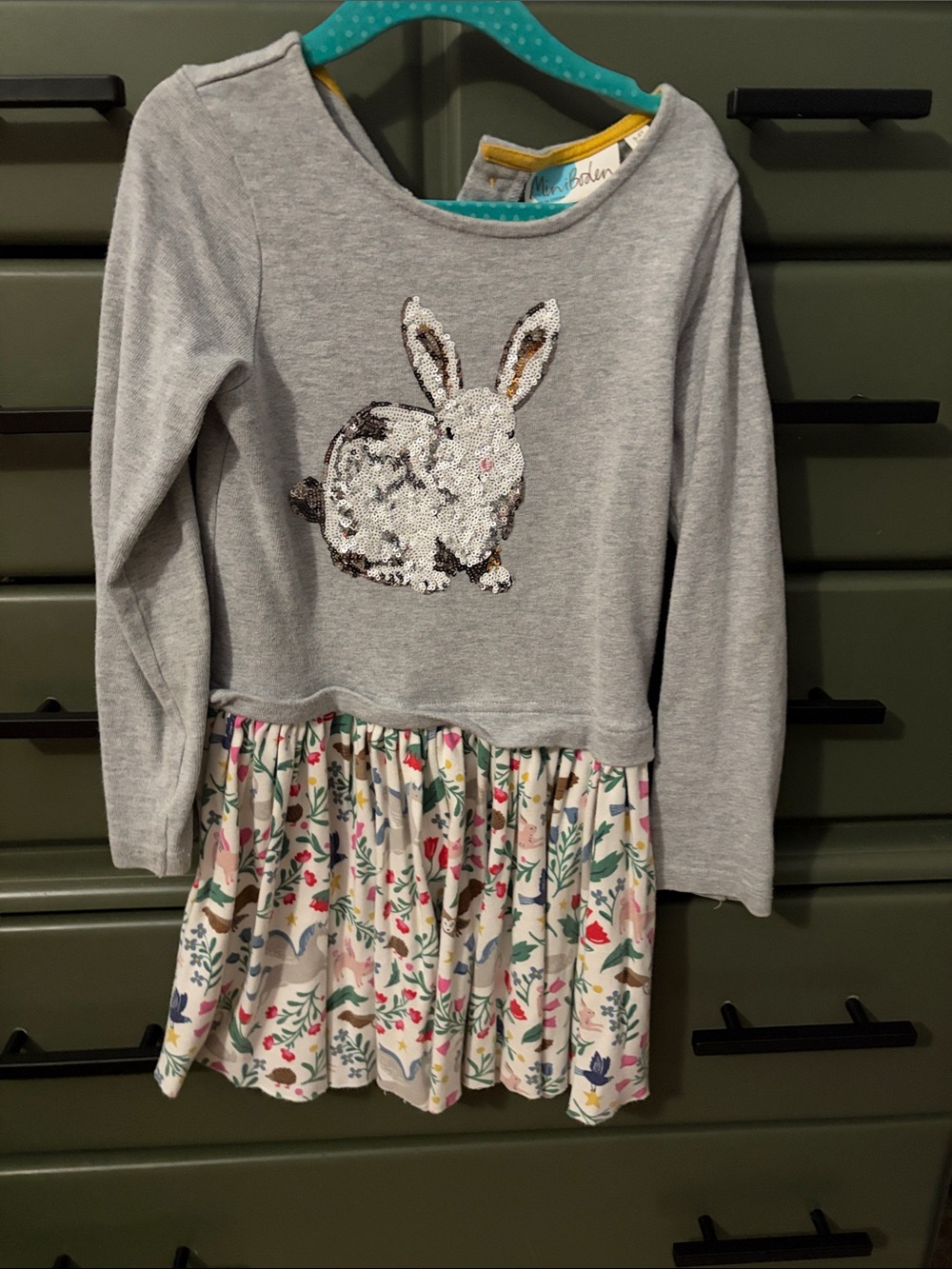 Mini Boden Gray Knit Dress with Sequin Bunny and Floral Skirt
